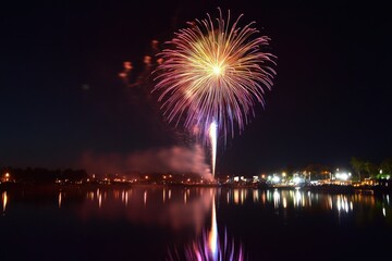 Fototapeta premium Fireworks Display Reflected in a Lake at Night