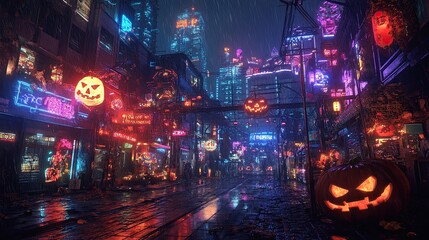Fototapeta premium A cyberpunk cityscape filled with holographic Halloween decorations and eerie lights.