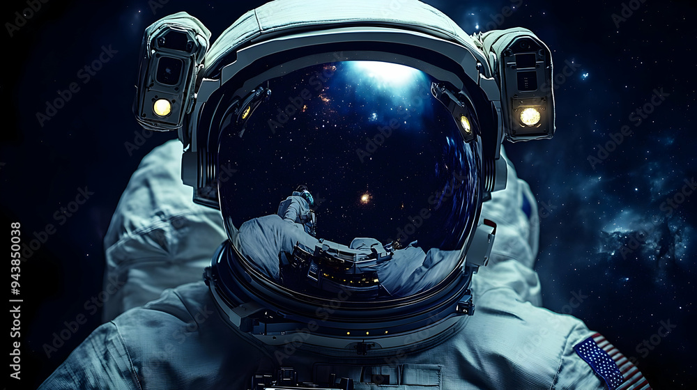 Poster astronaut in space suit with a reflection of the starry sky in the visor.