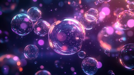 Dark backdrop with luminous neon bubbles of various sizes, creating a surreal and modern visual effect. Great for digital art and ads.