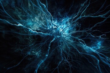 Abstract image of exploding neuron structure in blue hues.