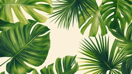 A seamless pattern of tropical palm leaves in green on a light background, evoking a fresh and exotic atmosphere.