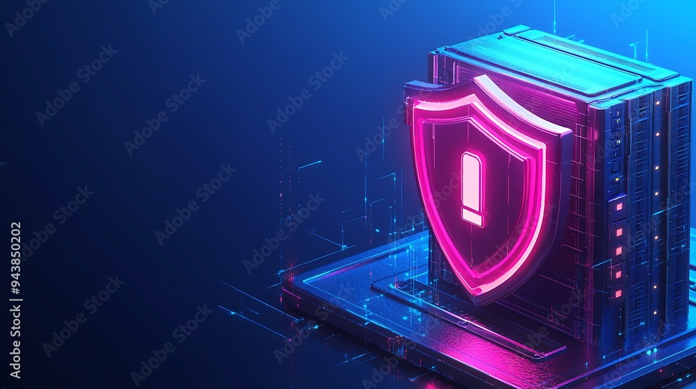 Poster futuristic cyber security concept with glowing shield icon on server. digital data protection. 3d re