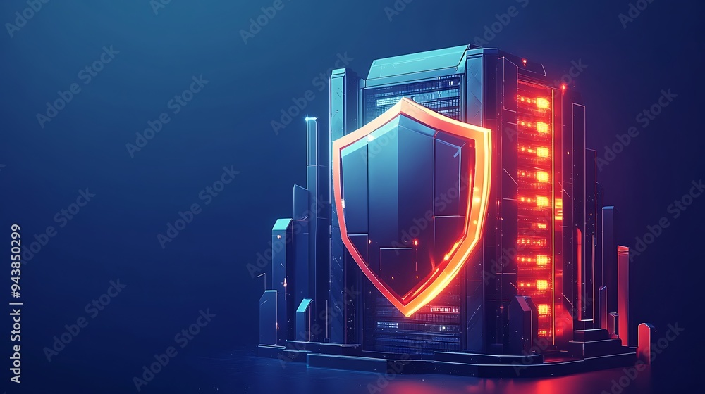 Poster futuristic cyber security shield glowing with red lights, protecting a server. concept of data prote
