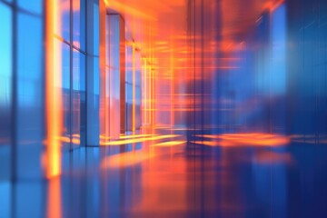 Obraz premium abstract blur contemporary office interior blue background with orange shine light effect concept