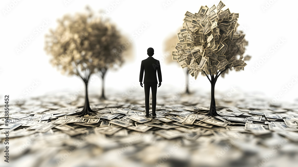 Poster 3d icon person surrounded by money trees concept as a person surrounded by trees made of money set a