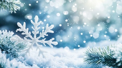 Delicate snowflakes cascade across a wintery scene, with ample space for holiday messaging. The background is crisp and clean, perfect for Christmas.