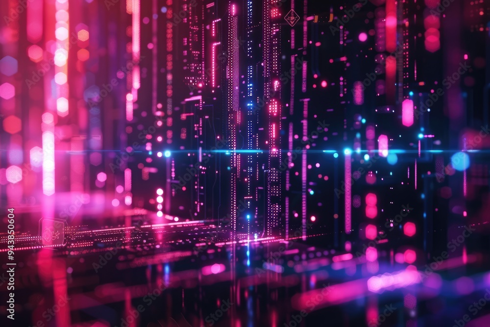 Poster futuristic geometric background with neon hud elements for big data visualization.