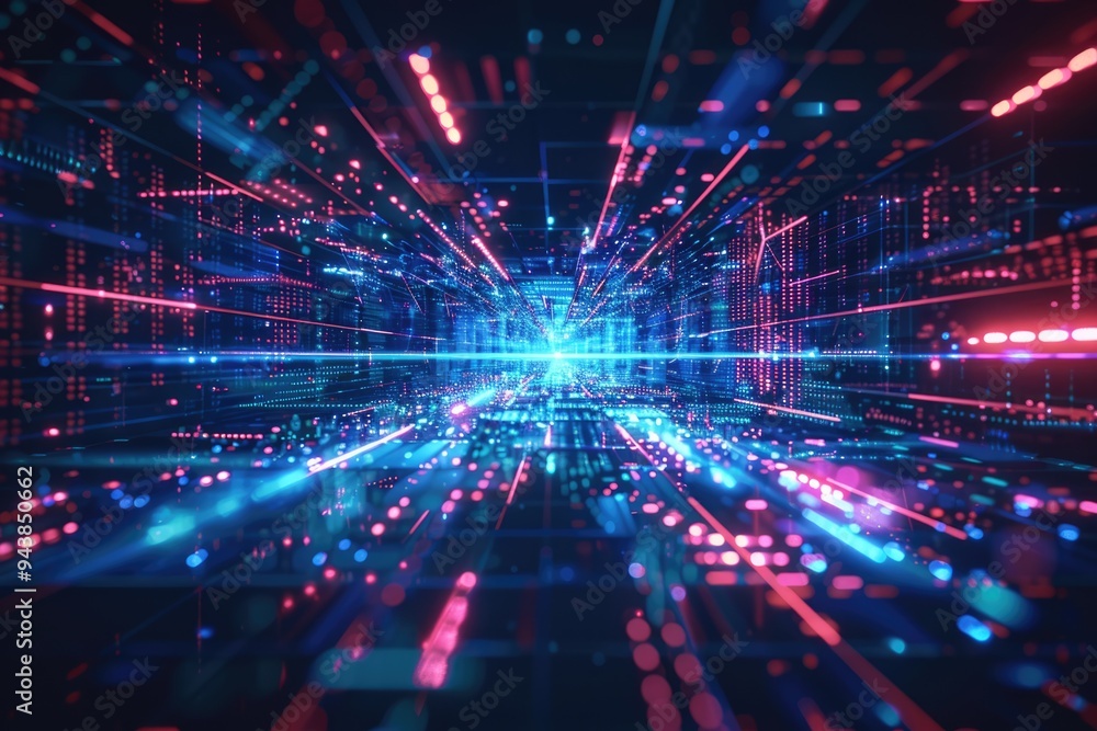 Poster futuristic geometric background with neon hud elements for big data visualization.