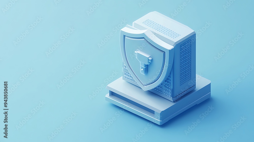 Poster futuristic cybersecurity concept showing a server protected by a shield on a blue background, symbol