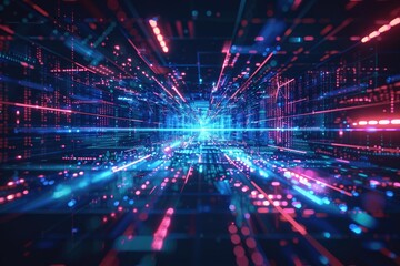 Obraz premium Futuristic geometric background with neon HUD elements for big data visualization.