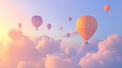 Obraz premium A sky filled with colorful hot air balloons floating gently above the horizon, creating a cheerful and uplifting scene.