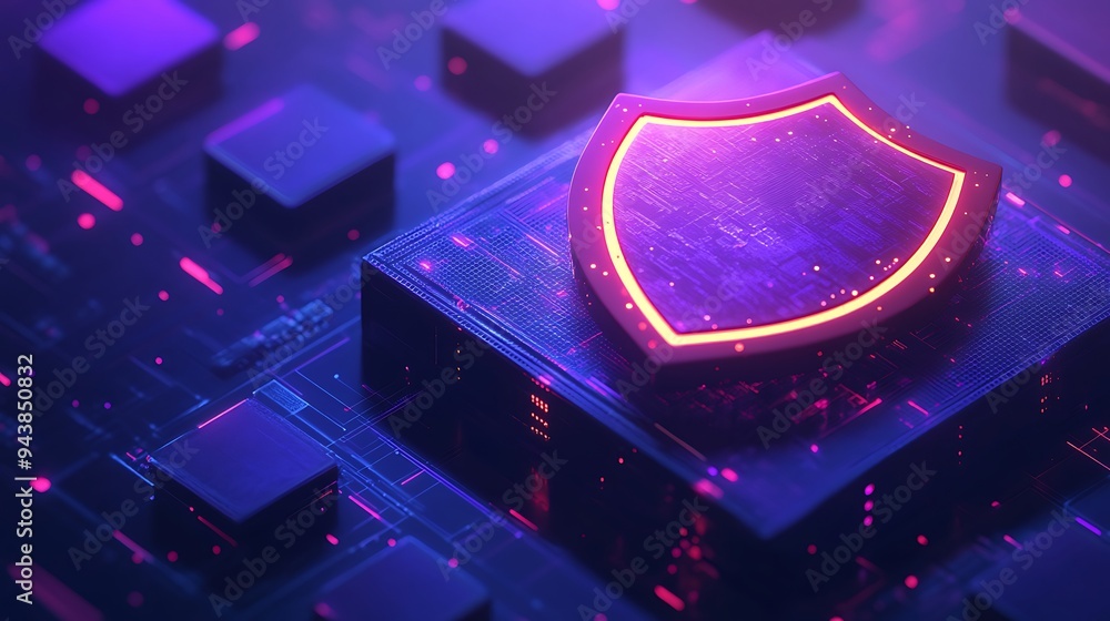 Poster futuristic cybersecurity concept with a glowing shield icon on a circuit board, representing protect