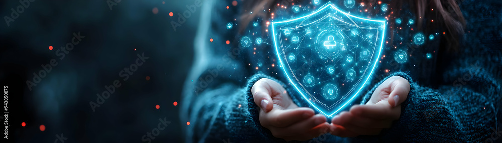 Poster person with magic shield and floating security icons concept as a person holding a magic shield with