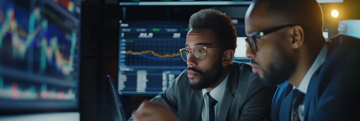 Finance experts analyze stock data on monitors, collaborating in an office environment.