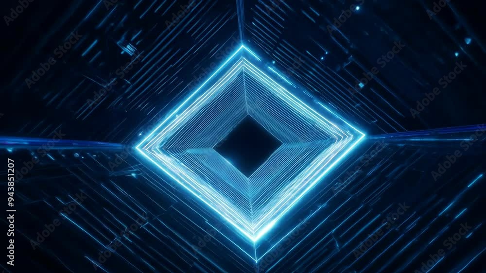 Poster exploring a captivating digital tunnel with glowing blue lights and dynamic patterns in an abstract 