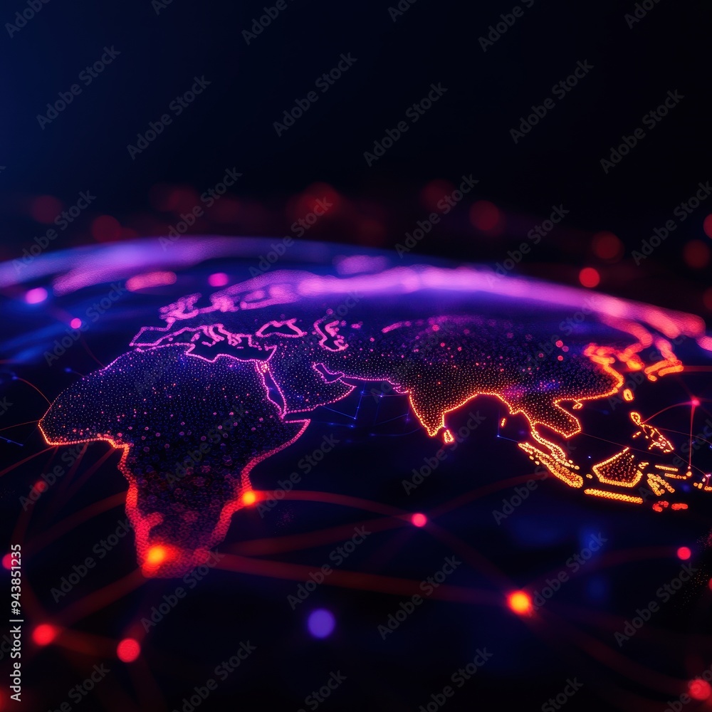 Leinwandbilder colorful digital map of the world with connected nodes and vibrant lines, highlighting global commun