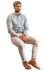 A blonde man sitting wearing a light blue shirt and a white chino trousers, cutout on transparent background, ready for architectural visualisation