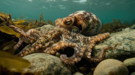 Fototapeta premium A lone octopus exploring the ocean floor, camouflaging itself among rocks and seaweed
