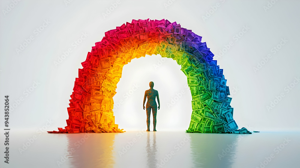 Poster 3d icon person with money rainbow concept as a person standing under a rainbow made of money with a 