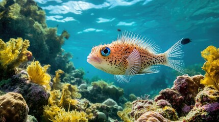 A lone porcupinefish swimming cautiously near a coral reef, its spines ready to puff up if threatened