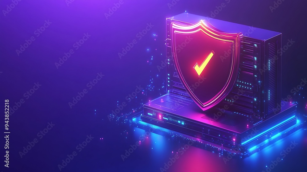 Poster futuristic cybersecurity shield protecting server in neon lights, symbolizing data security and prot