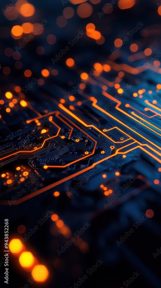 Leinwandbilder close-up image of a glowing circuit board, featuring detailed pathways and digital light patterns. p