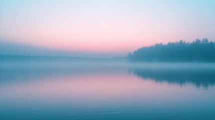 Obraz premium A tranquil dawn sky with subtle hues of pink and blue as the sun rises over a calm lake.