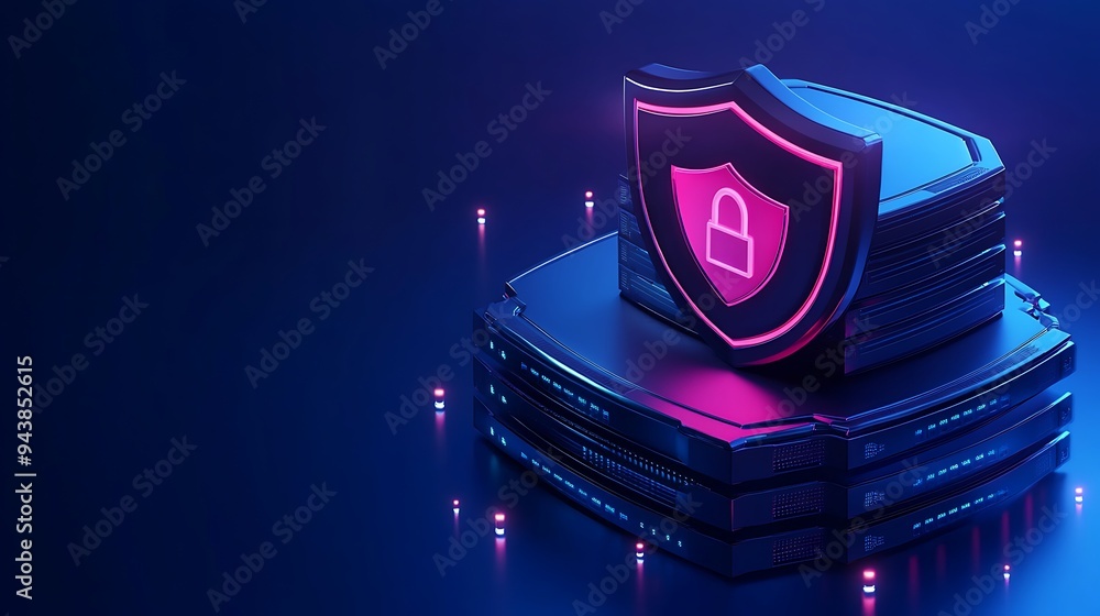 Poster futuristic data security concept with neon pink shield and lock symbol on servers, emphasizing cyber