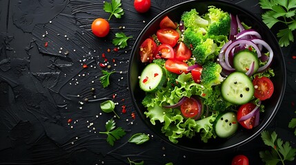 Top-down view of a quinoa salad with colorful vegetables including bell peppers, cherry tomatoes, cucumbers, and red onions, drizzled with citrus dressing, on a dark wooden table,