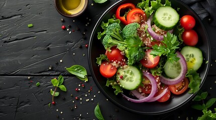 Top-down view of a quinoa salad with colorful vegetables including bell peppers, cherry tomatoes, cucumbers, and red onions, drizzled with citrus dressing, on a dark wooden table,