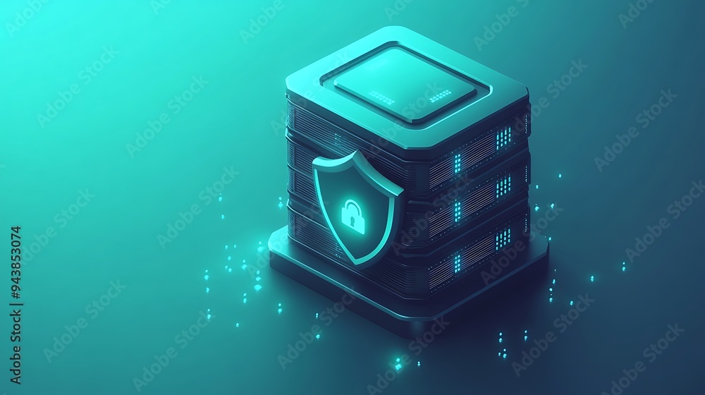 Poster futuristic data server with a shield icon representing cybersecurity and data protection, glowing in