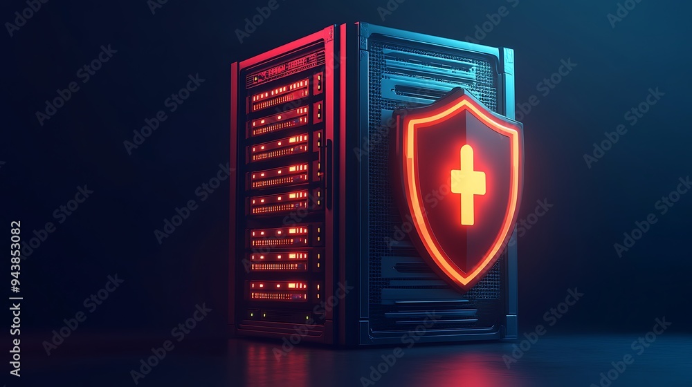 Poster futuristic data server with a glowing shield symbol, representing cybersecurity and data protection.