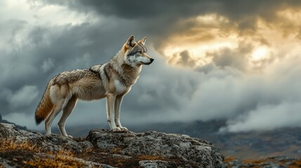 Obraz premium A lone wolf standing on a rocky hill, with a storm brewing on the horizon, a symbol of strength and solitude.