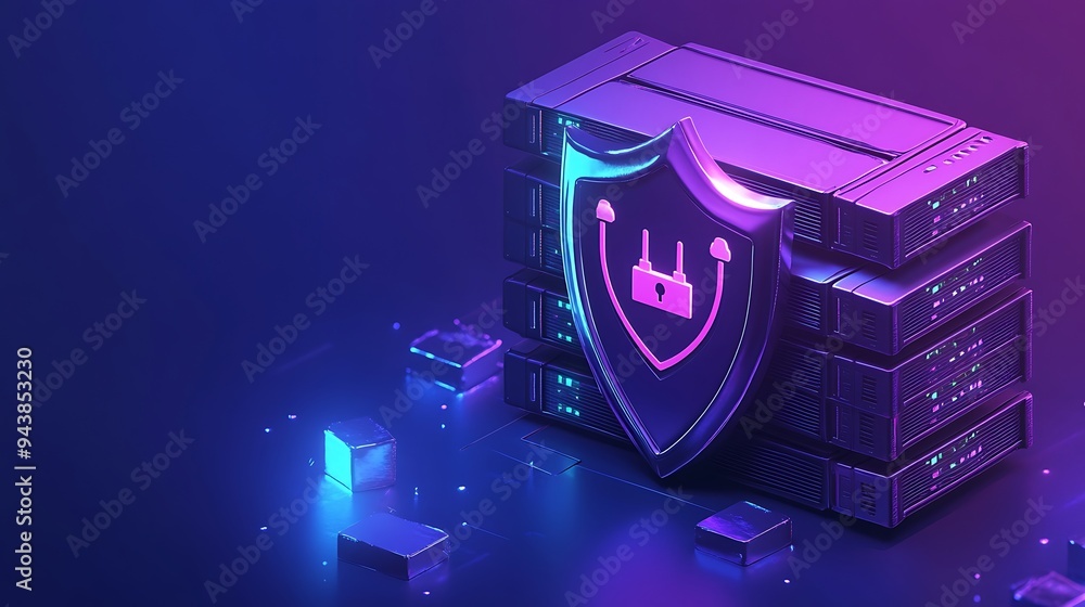 Poster futuristic data server with shield icon representing cybersecurity and data protection in neon light