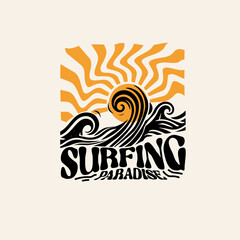 Obraz premium Surfing paradise sunshine waves typography retro graphic t shirt design
