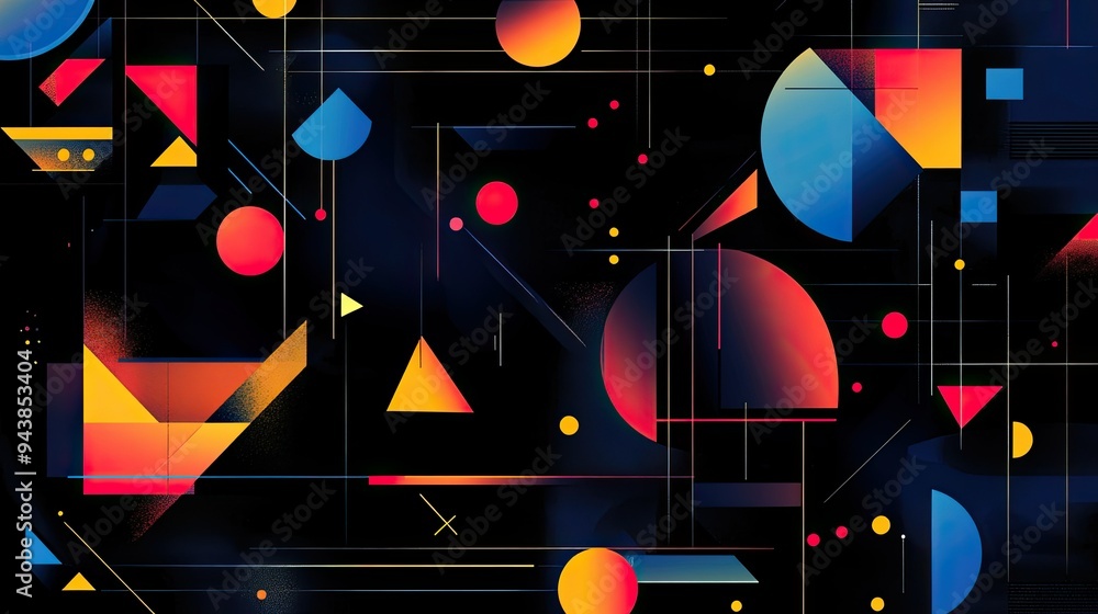 Poster abstract geometric shapes in bold colors on a dark background, creating a dynamic and modern design.