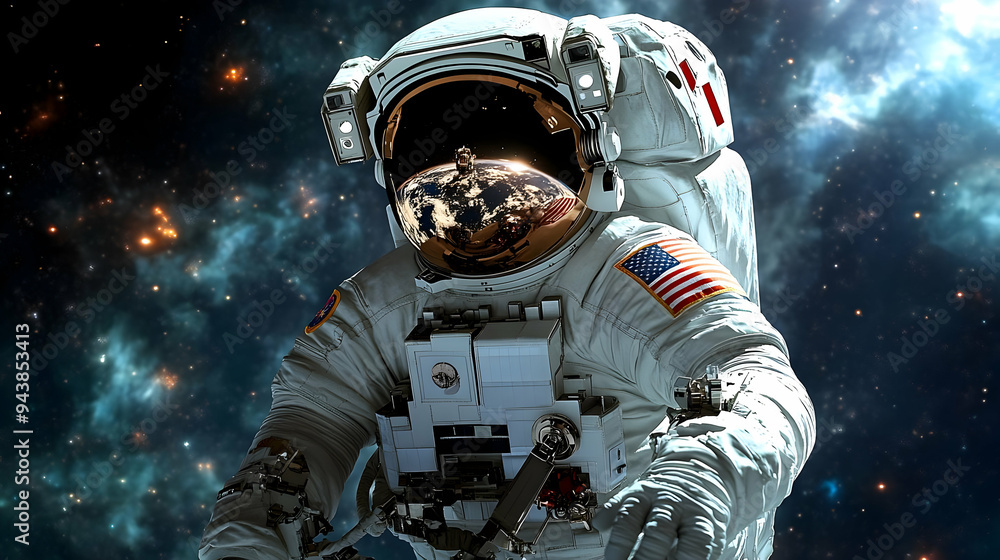 Poster astronaut in space suit with reflection of earth in visor.