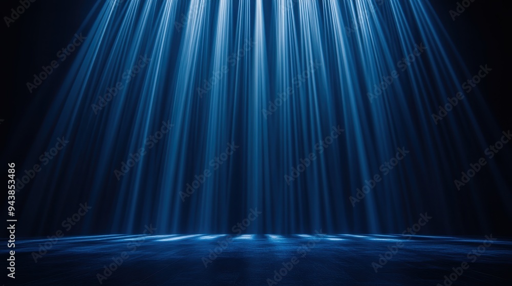 Poster blue light beams cascade down in a dark space, creating a dramatic and ethereal scene, perfect for b