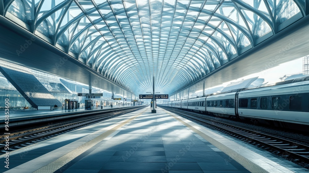 Poster a modern train station with energy-efficient architecture, digital ticketing systems, and automated 