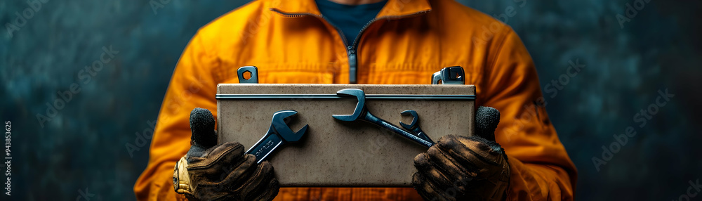 Poster person with magic toolbox and floating wrenches concept as a person holding a magic toolbox with flo