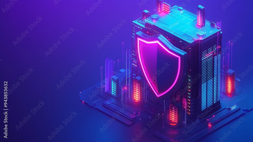 Poster futuristic digital cybersecurity concept with an illuminated shield on a server, symbolizing data pr