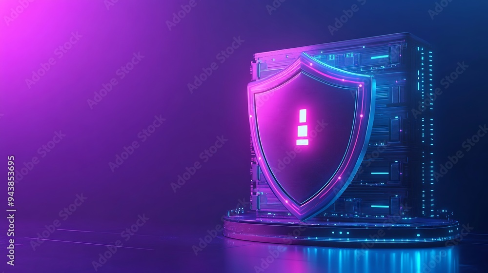 Poster futuristic digital security concept showing a glowing shield with cybersecurity and data protection 