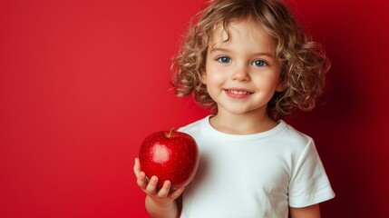 Portrait of smiling cherubic blue-eyed little girl with short curly fair hair wearing white T-shirt, holding red apple, standing on red background. Studio. Healthy food, vitamins, childhood, summer.