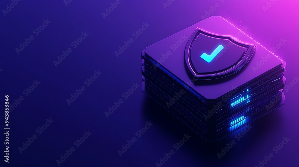 Poster futuristic digital security concept with a glowing checkmark shield on a stack of illuminated data s