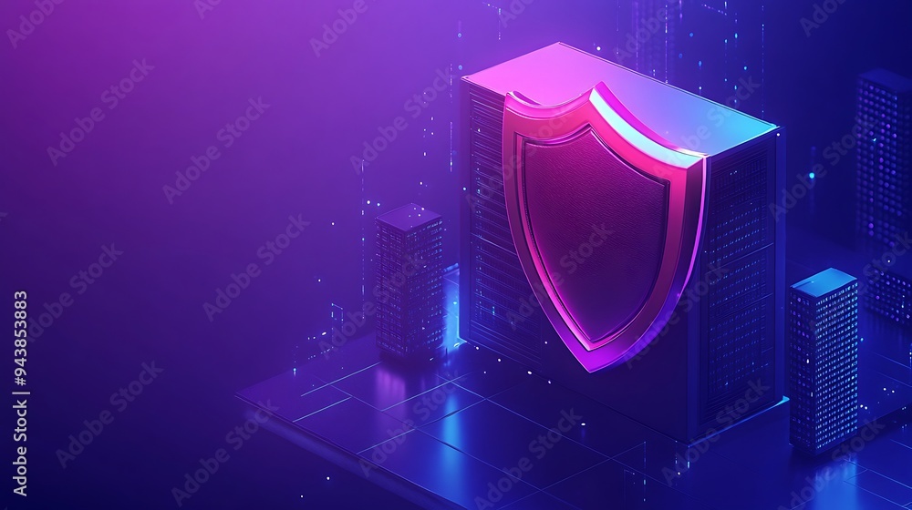 Poster futuristic digital security concept with a glowing shield and data servers on a neon background, sym