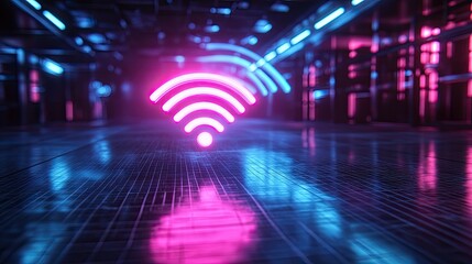 Glowing neon web symbol in pink and blue, floating above a reflective, high-tech black floor. A modern, 3D-rendered representation of internet connectivity.