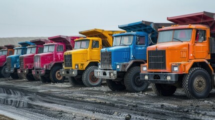 Fleet of haul trucks lined up for a large construction project