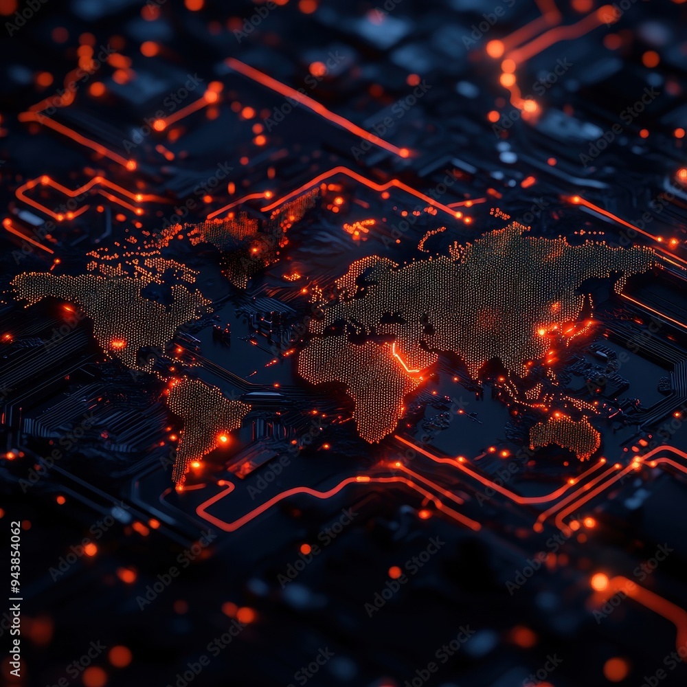 Aufkleber abstract world map illuminated by digital circuit with orange lights, symbolizing global technology 