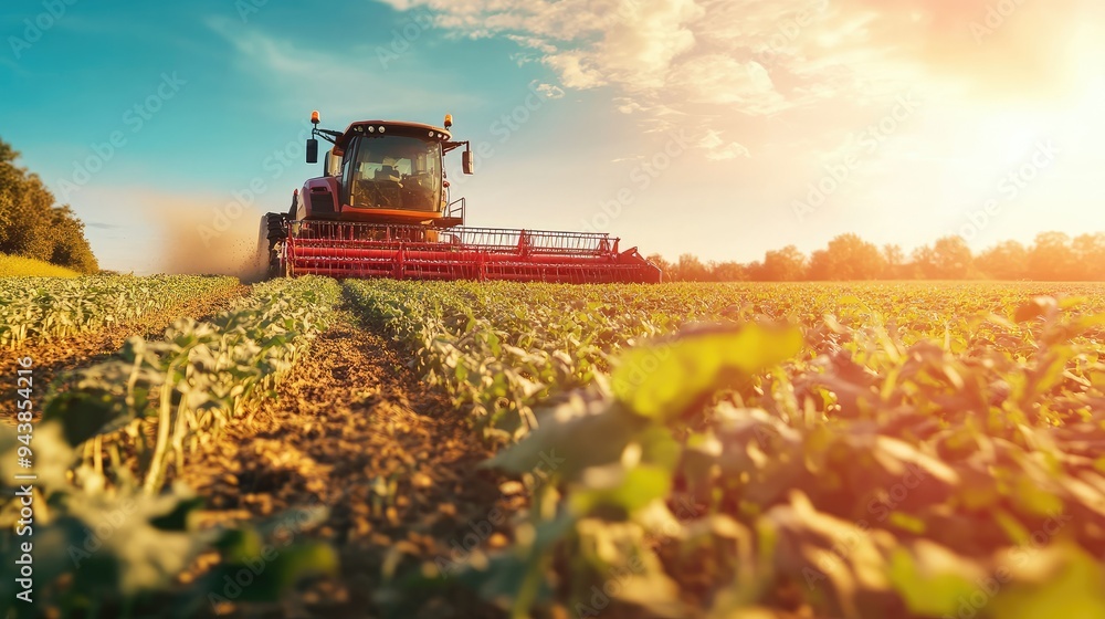 Poster a robotic harvester collecting crops in a field, with the machine working autonomously and efficient